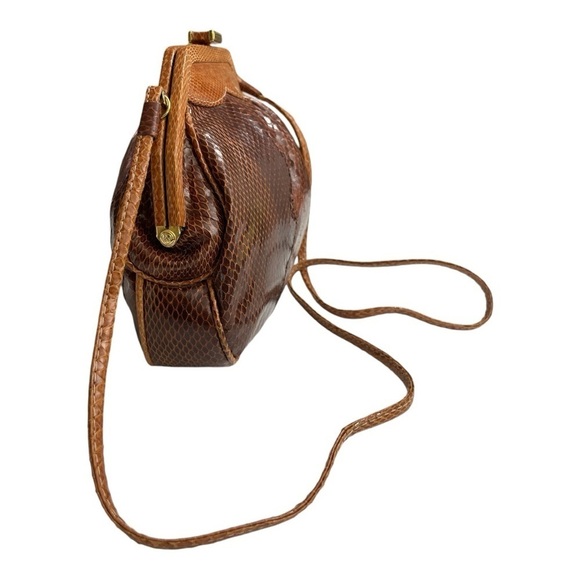Brown Leather Clutch Snakeskin Shoulder Crossbody Strap Convertible Clutch 1980s - Picture 4 of 15